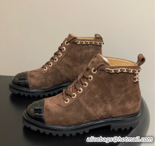 Discount Chanel Suede and Patent Leather Laced-up Ankle Boots 3.5cm with Chain Brown 2025 CH110404 1104035