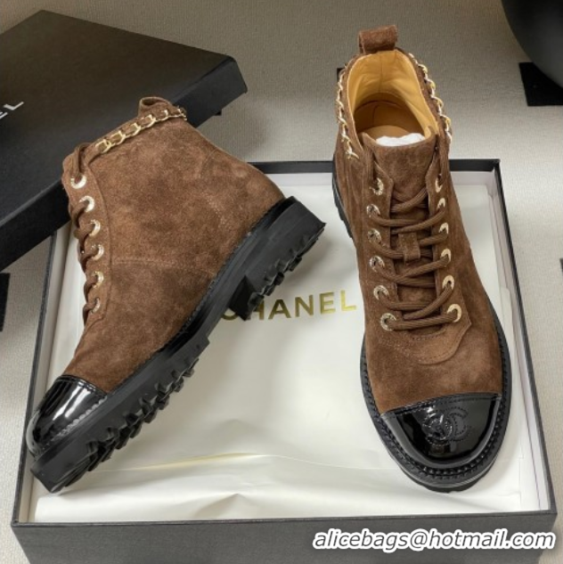 Discount Chanel Suede and Patent Leather Laced-up Ankle Boots 3.5cm with Chain Brown 2025 CH110404 1104035