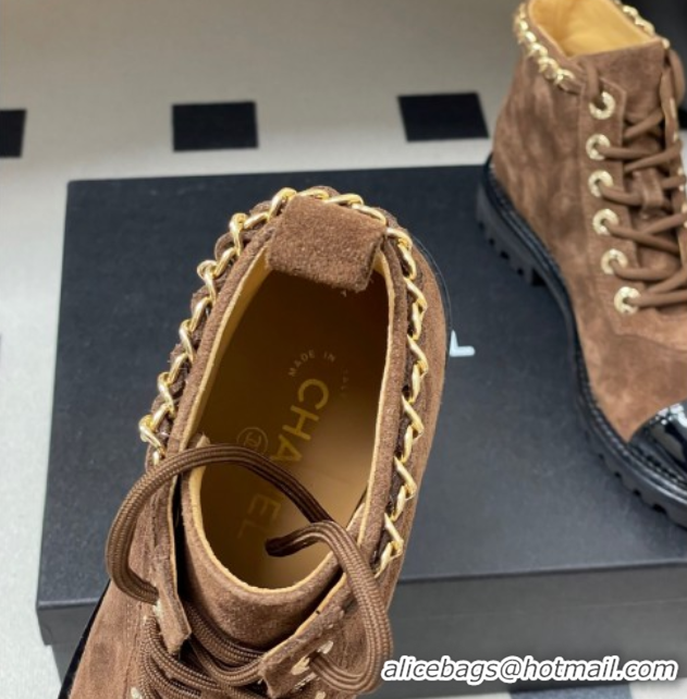 Discount Chanel Suede and Patent Leather Laced-up Ankle Boots 3.5cm with Chain Brown 2025 CH110404 1104035