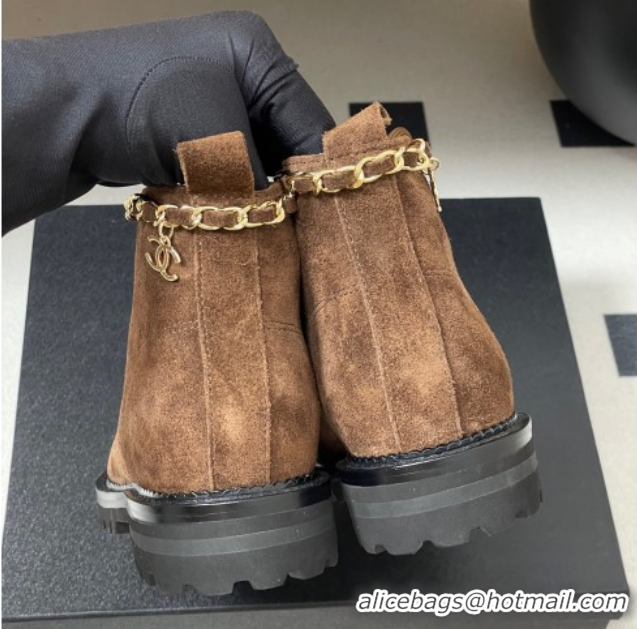 Discount Chanel Suede and Patent Leather Laced-up Ankle Boots 3.5cm with Chain Brown 2025 CH110404 1104035