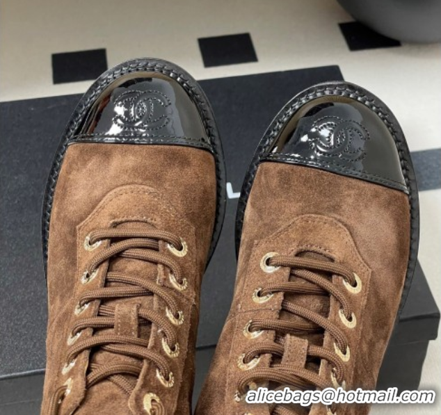 Discount Chanel Suede and Patent Leather Laced-up Ankle Boots 3.5cm with Chain Brown 2025 CH110404 1104035