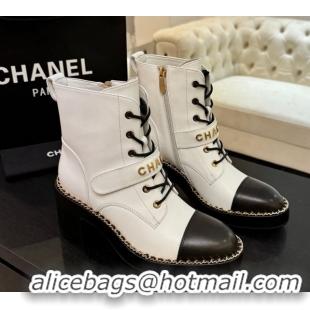 Top Quality Chanel Calfskin Leather Laced-up Ankle Boots with Chain White 2025 CH110405 1104036