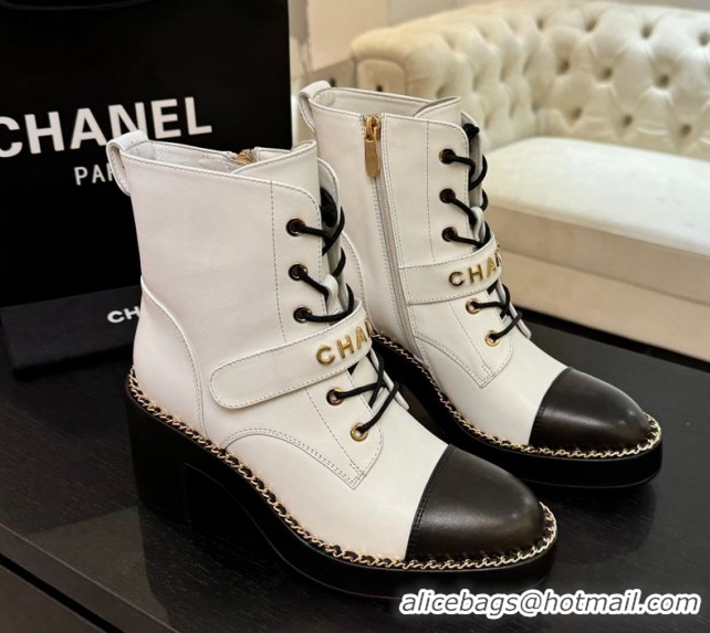 Top Quality Chanel Calfskin Leather Laced-up Ankle Boots with Chain White 2025 CH110405 1104036