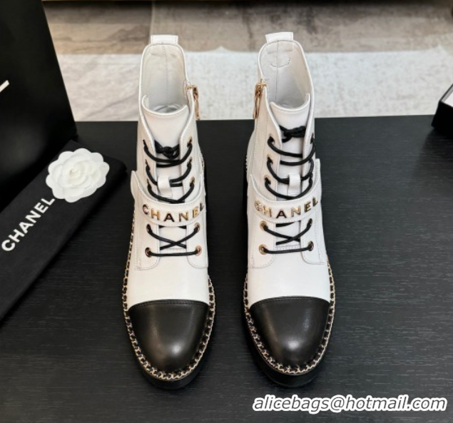Top Quality Chanel Calfskin Leather Laced-up Ankle Boots with Chain White 2025 CH110405 1104036