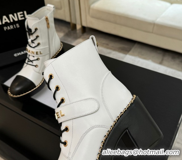 Top Quality Chanel Calfskin Leather Laced-up Ankle Boots with Chain White 2025 CH110405 1104036