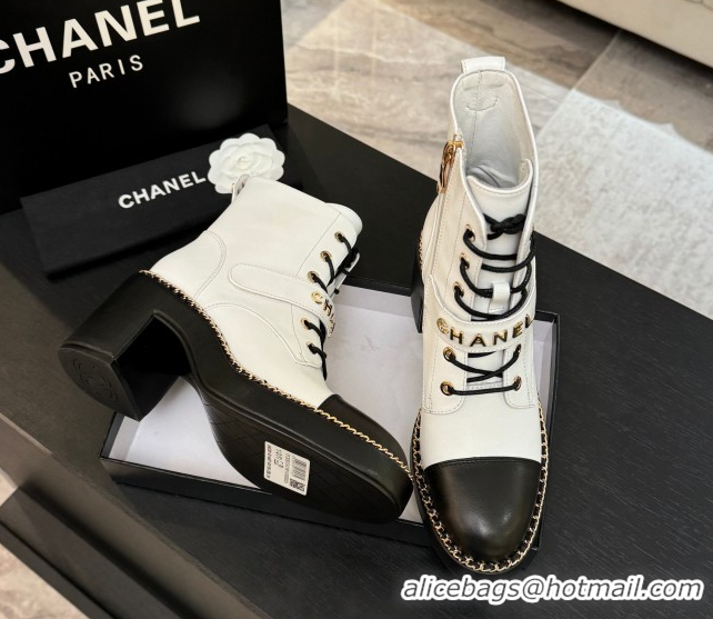 Top Quality Chanel Calfskin Leather Laced-up Ankle Boots with Chain White 2025 CH110405 1104036