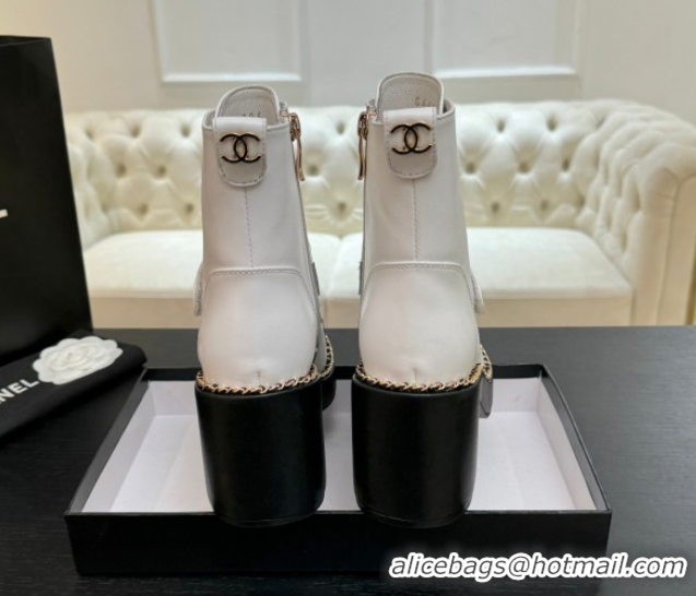 Top Quality Chanel Calfskin Leather Laced-up Ankle Boots with Chain White 2025 CH110405 1104036
