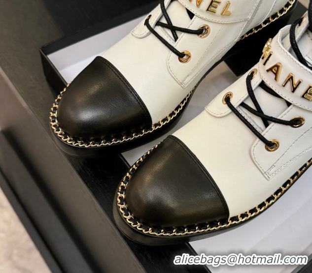 Top Quality Chanel Calfskin Leather Laced-up Ankle Boots with Chain White 2025 CH110405 1104036