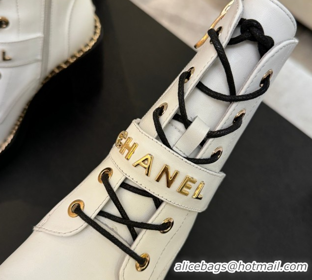 Top Quality Chanel Calfskin Leather Laced-up Ankle Boots with Chain White 2025 CH110405 1104036