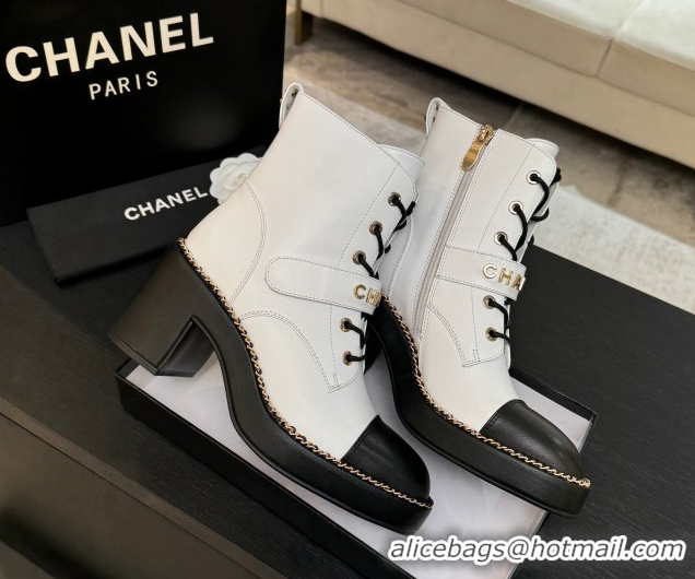 Top Quality Chanel Calfskin Leather Laced-up Ankle Boots with Chain White 2025 CH110405 1104036