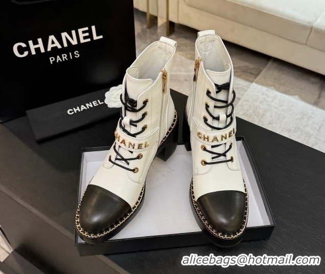 Top Quality Chanel Calfskin Leather Laced-up Ankle Boots with Chain White 2025 CH110405 1104036