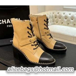 AAAAA Chanel Calfskin Leather Laced-up Ankle Boots with Chain Beige Yellow 2025 CH110405 1104037