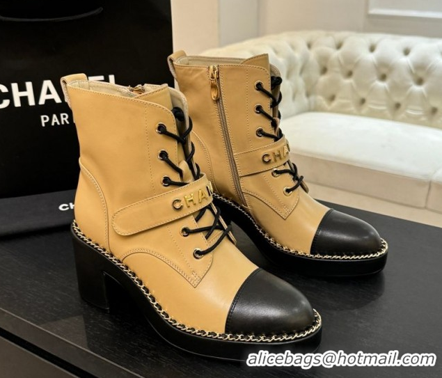 AAAAA Chanel Calfskin Leather Laced-up Ankle Boots with Chain Beige Yellow 2025 CH110405 1104037