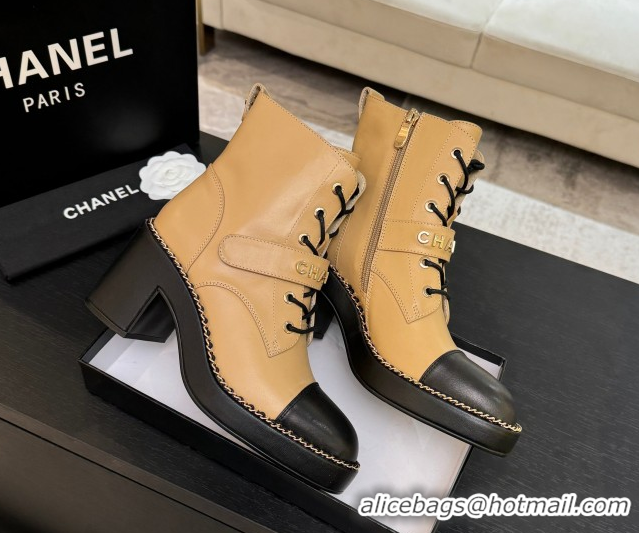 AAAAA Chanel Calfskin Leather Laced-up Ankle Boots with Chain Beige Yellow 2025 CH110405 1104037