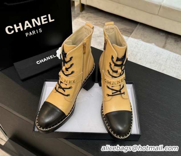 AAAAA Chanel Calfskin Leather Laced-up Ankle Boots with Chain Beige Yellow 2025 CH110405 1104037