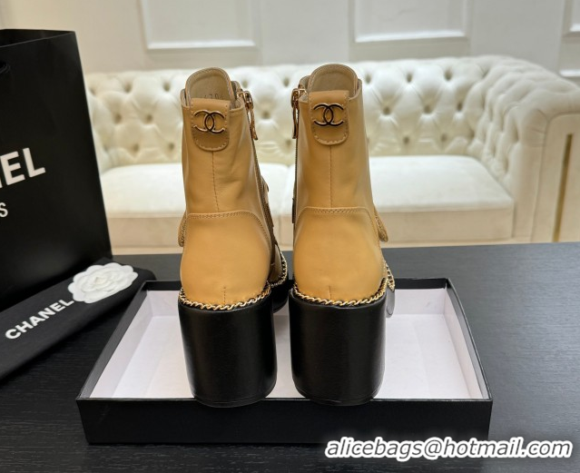AAAAA Chanel Calfskin Leather Laced-up Ankle Boots with Chain Beige Yellow 2025 CH110405 1104037