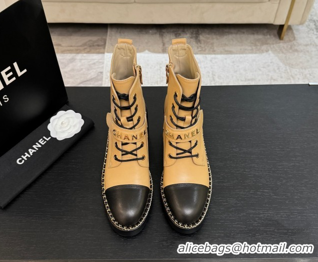AAAAA Chanel Calfskin Leather Laced-up Ankle Boots with Chain Beige Yellow 2025 CH110405 1104037