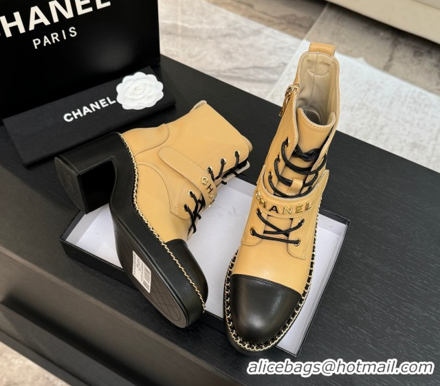 AAAAA Chanel Calfskin Leather Laced-up Ankle Boots with Chain Beige Yellow 2025 CH110405 1104037