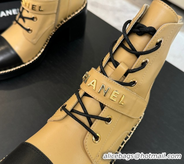 AAAAA Chanel Calfskin Leather Laced-up Ankle Boots with Chain Beige Yellow 2025 CH110405 1104037