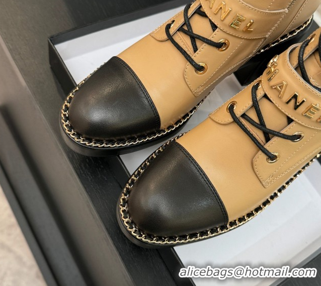 AAAAA Chanel Calfskin Leather Laced-up Ankle Boots with Chain Beige Yellow 2025 CH110405 1104037