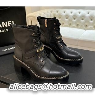 Top Quality Chanel Calfskin Leather Laced-up Ankle Boots with Chain Black 2025 CH110405 1104038
