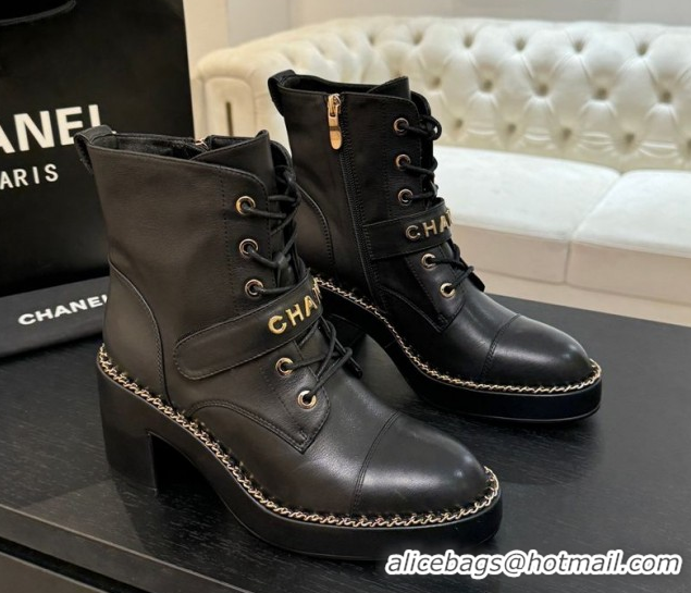 Top Quality Chanel Calfskin Leather Laced-up Ankle Boots with Chain Black 2025 CH110405 1104038