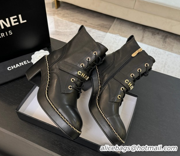 Top Quality Chanel Calfskin Leather Laced-up Ankle Boots with Chain Black 2025 CH110405 1104038