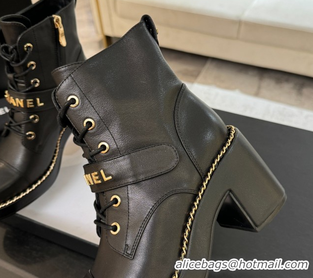 Top Quality Chanel Calfskin Leather Laced-up Ankle Boots with Chain Black 2025 CH110405 1104038