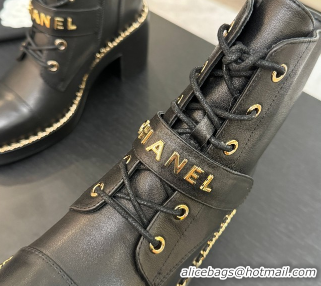 Top Quality Chanel Calfskin Leather Laced-up Ankle Boots with Chain Black 2025 CH110405 1104038