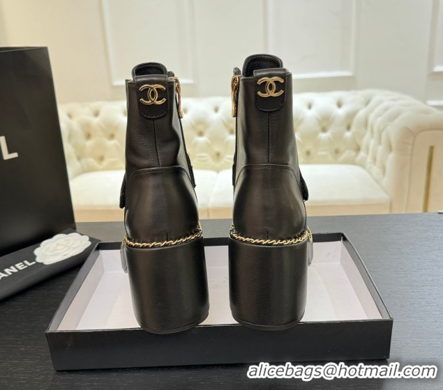 Top Quality Chanel Calfskin Leather Laced-up Ankle Boots with Chain Black 2025 CH110405 1104038