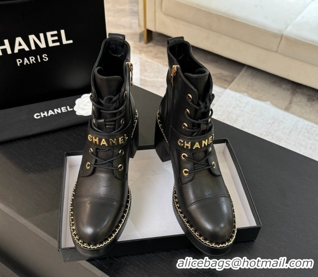 Top Quality Chanel Calfskin Leather Laced-up Ankle Boots with Chain Black 2025 CH110405 1104038