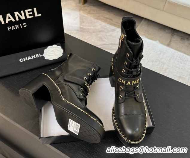 Top Quality Chanel Calfskin Leather Laced-up Ankle Boots with Chain Black 2025 CH110405 1104038