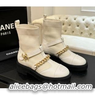 Design Chanel Knit & Calfskin Leather Ankle Boots with Chain White 2025 CH110406 1104039