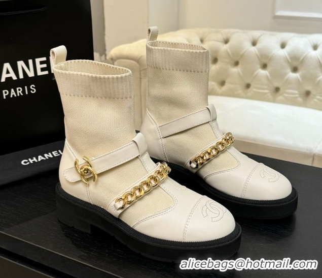 Design Chanel Knit & Calfskin Leather Ankle Boots with Chain White 2025 CH110406 1104039