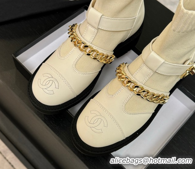 Design Chanel Knit & Calfskin Leather Ankle Boots with Chain White 2025 CH110406 1104039