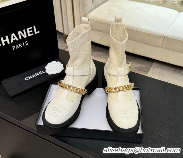 Design Chanel Knit & Calfskin Leather Ankle Boots with Chain White 2025 CH110406 1104039