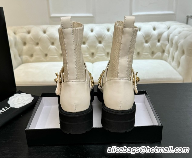 Design Chanel Knit & Calfskin Leather Ankle Boots with Chain White 2025 CH110406 1104039