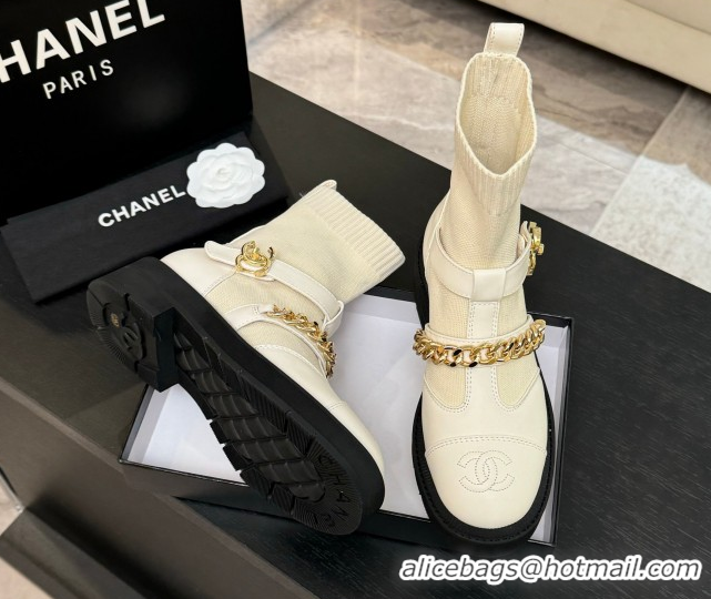 Design Chanel Knit & Calfskin Leather Ankle Boots with Chain White 2025 CH110406 1104039