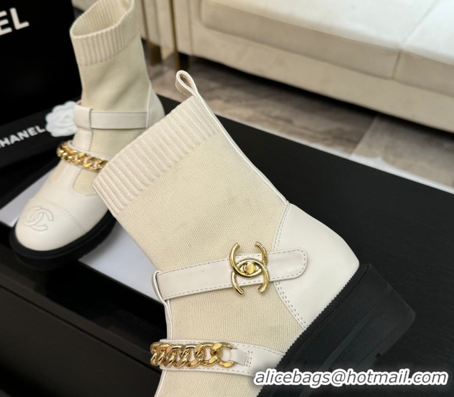 Design Chanel Knit & Calfskin Leather Ankle Boots with Chain White 2025 CH110406 1104039