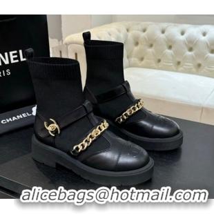 Duplicate Chanel Knit & Calfskin Leather Ankle Boots with Chain Black 2025 CH110406 1104040