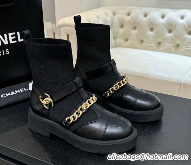 Duplicate Chanel Knit & Calfskin Leather Ankle Boots with Chain Black 2025 CH110406 1104040