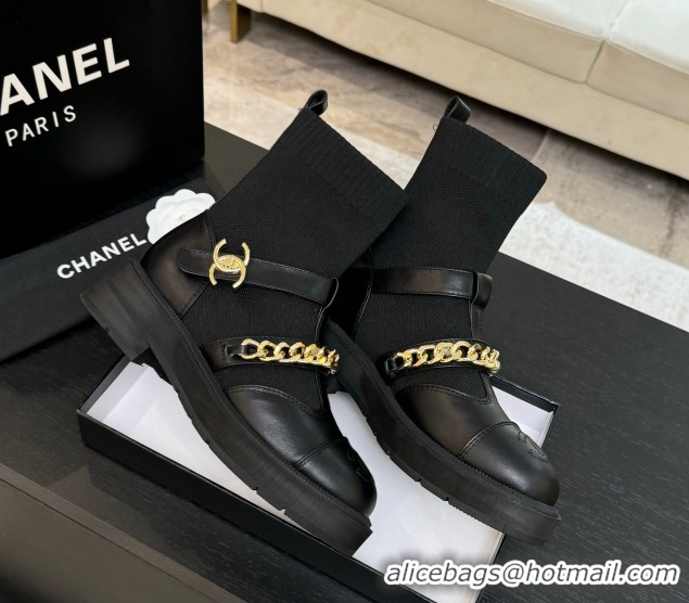 Duplicate Chanel Knit & Calfskin Leather Ankle Boots with Chain Black 2025 CH110406 1104040