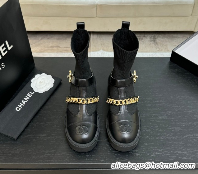Duplicate Chanel Knit & Calfskin Leather Ankle Boots with Chain Black 2025 CH110406 1104040