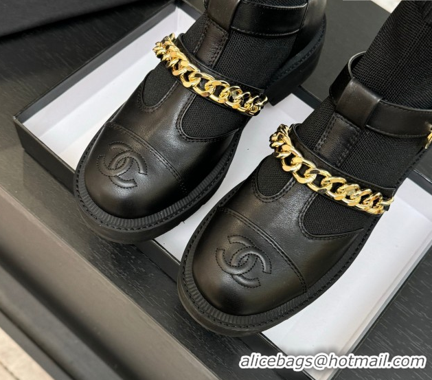 Duplicate Chanel Knit & Calfskin Leather Ankle Boots with Chain Black 2025 CH110406 1104040