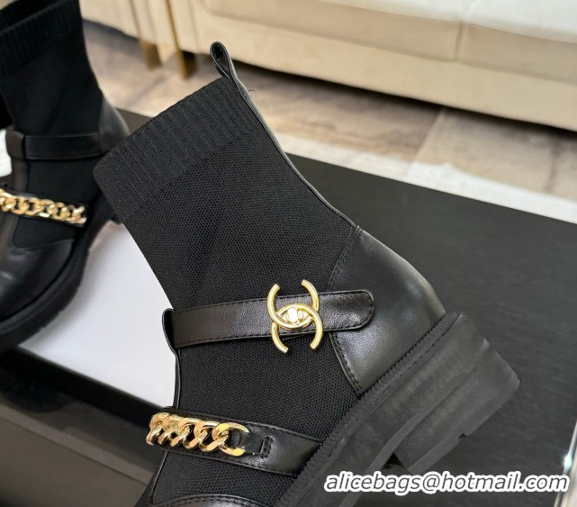 Duplicate Chanel Knit & Calfskin Leather Ankle Boots with Chain Black 2025 CH110406 1104040