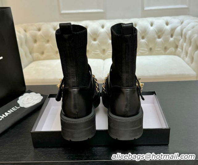 Duplicate Chanel Knit & Calfskin Leather Ankle Boots with Chain Black 2025 CH110406 1104040