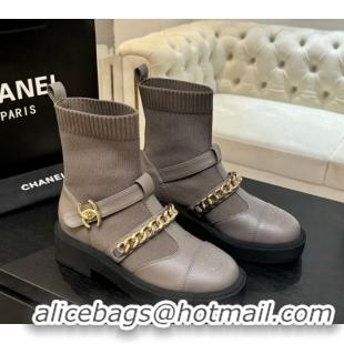 Super Quality Chanel Knit & Calfskin Leather Ankle Boots with Chain Grey 2025 CH110406 1104041
