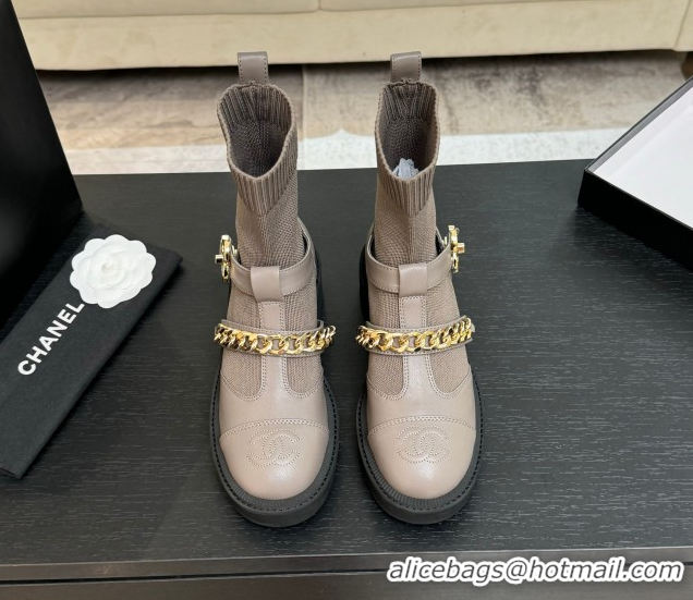 Super Quality Chanel Knit & Calfskin Leather Ankle Boots with Chain Grey 2025 CH110406 1104041