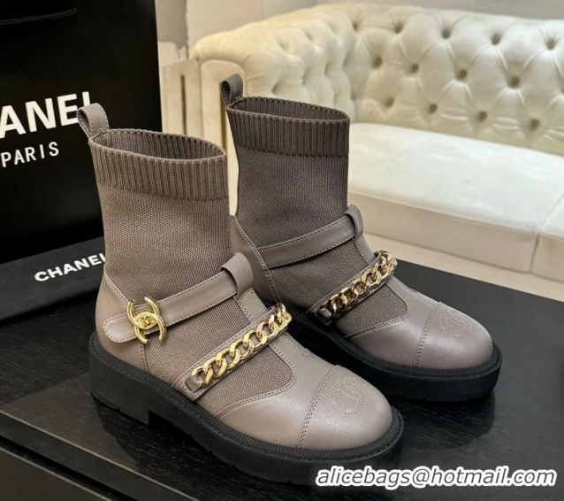 Super Quality Chanel Knit & Calfskin Leather Ankle Boots with Chain Grey 2025 CH110406 1104041