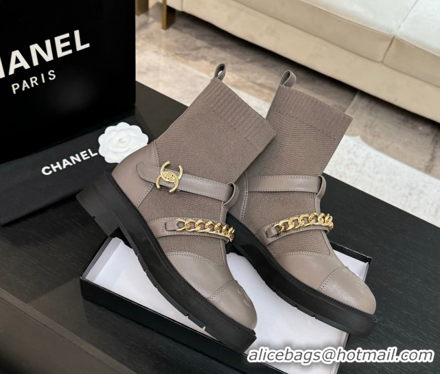 Super Quality Chanel Knit & Calfskin Leather Ankle Boots with Chain Grey 2025 CH110406 1104041
